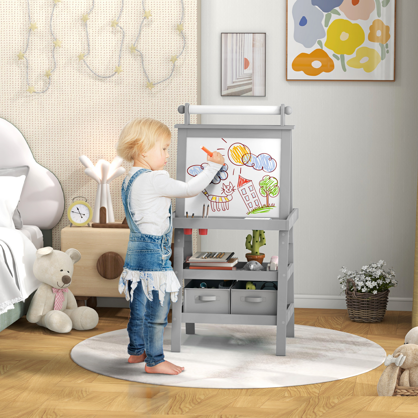 AIYAPLAY 3 in 1 Kids Easel Double-Sided Magnetic Whiteboard and Chalkboard with Paper Roll, Storage Baskets in Grey