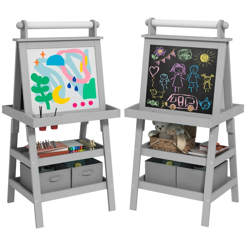 AIYAPLAY 3 in 1 Kids Easel Double-Sided Magnetic Whiteboard and Chalkboard with Paper Roll, Storage Baskets in Grey
