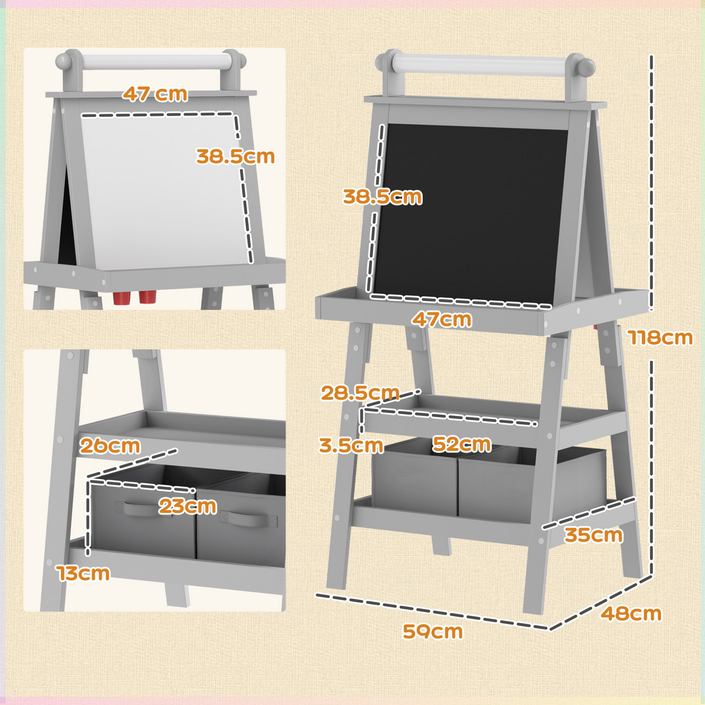 AIYAPLAY 3 in 1 Kids Easel Double-Sided Magnetic Whiteboard and Chalkboard with Paper Roll, Storage Baskets in Grey