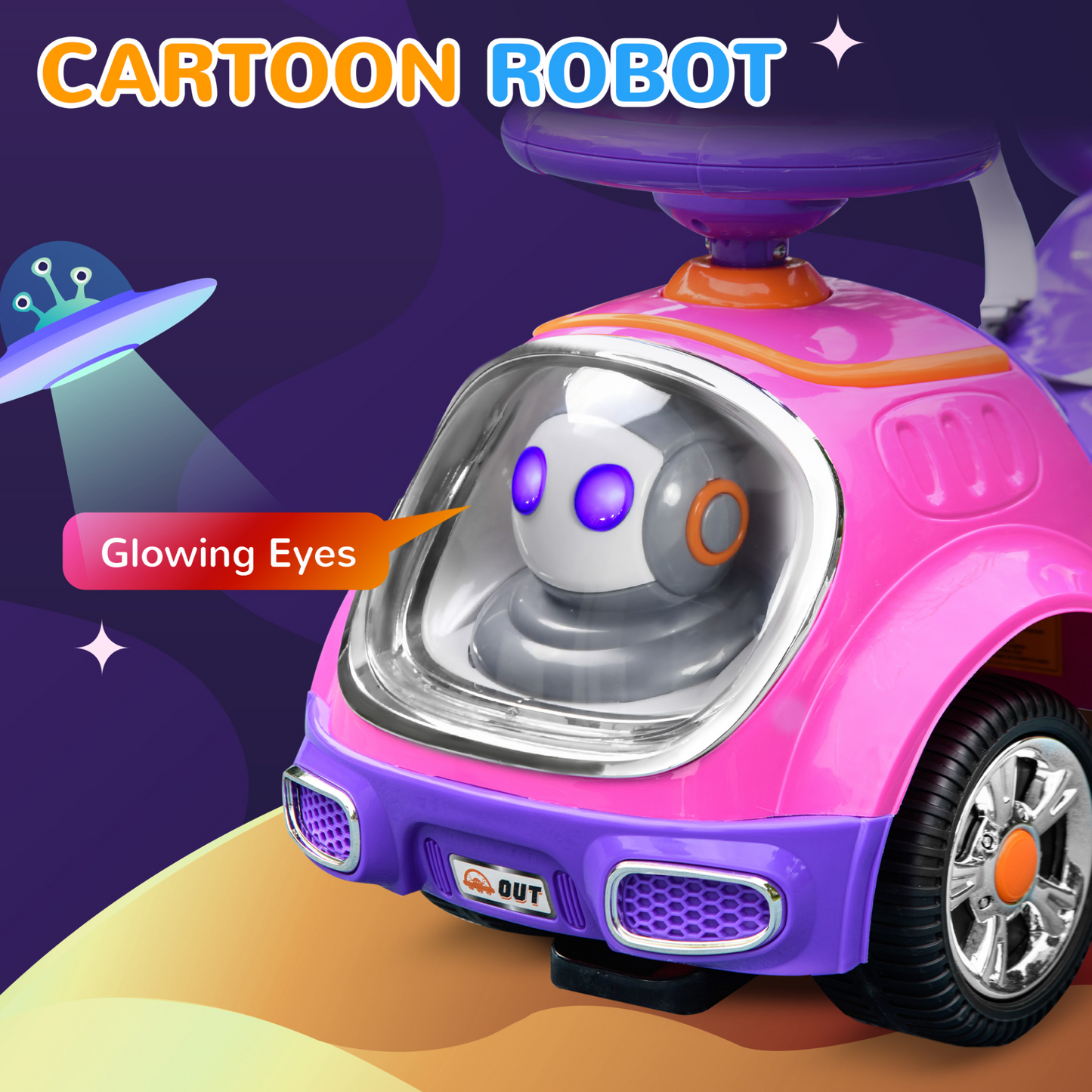 AIYAPLAY 3 in 1 Ride on Push Car, Cartoon Robot Theme Foot to Floor Slider with Handle Light Music Horn, Storage in Pink