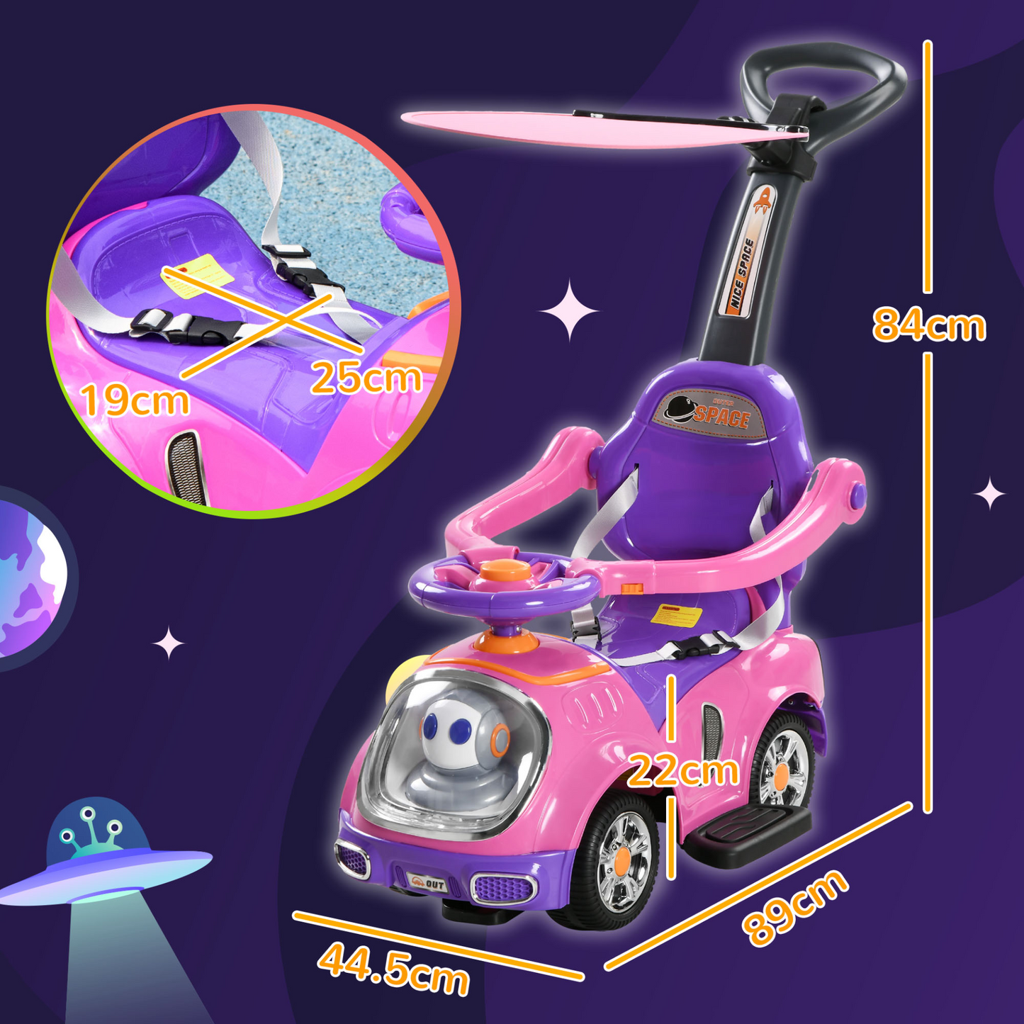 AIYAPLAY 3 in 1 Ride on Push Car, Cartoon Robot Theme Foot to Floor Slider with Handle Light Music Horn, Storage in Pink