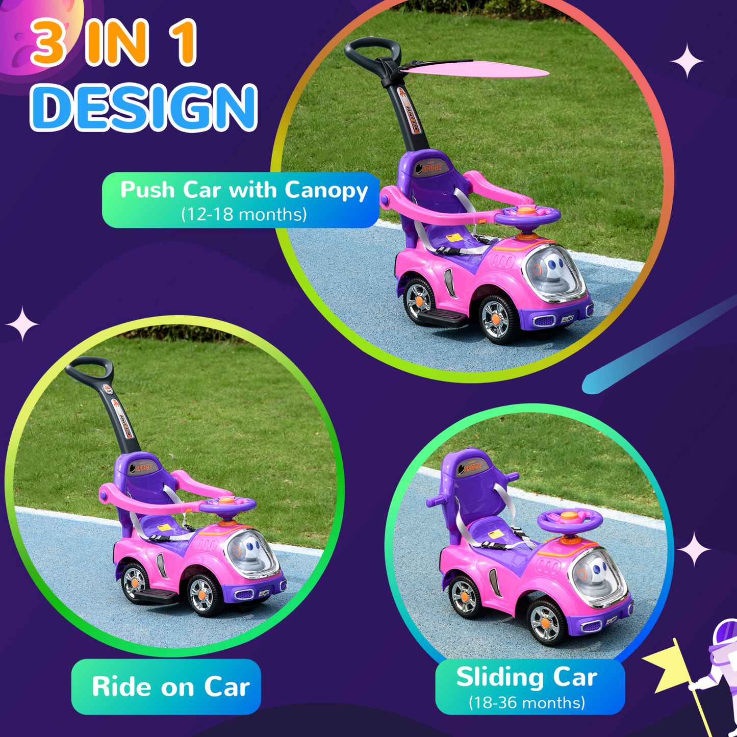 AIYAPLAY 3 in 1 Ride on Push Car, Cartoon Robot Theme Foot to Floor Slider with Handle Light Music Horn, Storage in Pink