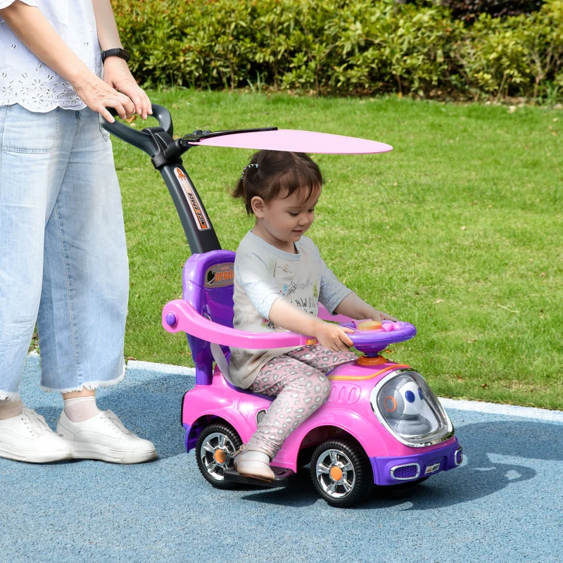 AIYAPLAY 3 in 1 Ride on Push Car, Cartoon Robot Theme Foot to Floor Slider with Handle Light Music Horn, Storage in Pink