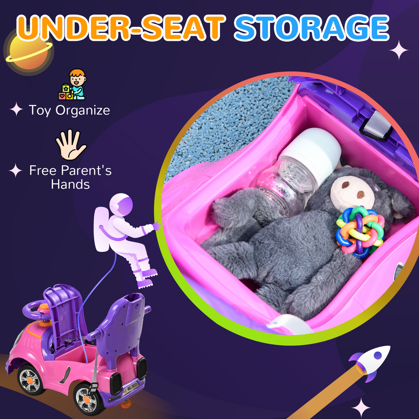 AIYAPLAY 3 in 1 Ride on Push Car, Cartoon Robot Theme Foot to Floor Slider with Handle Light Music Horn, Storage in Pink
