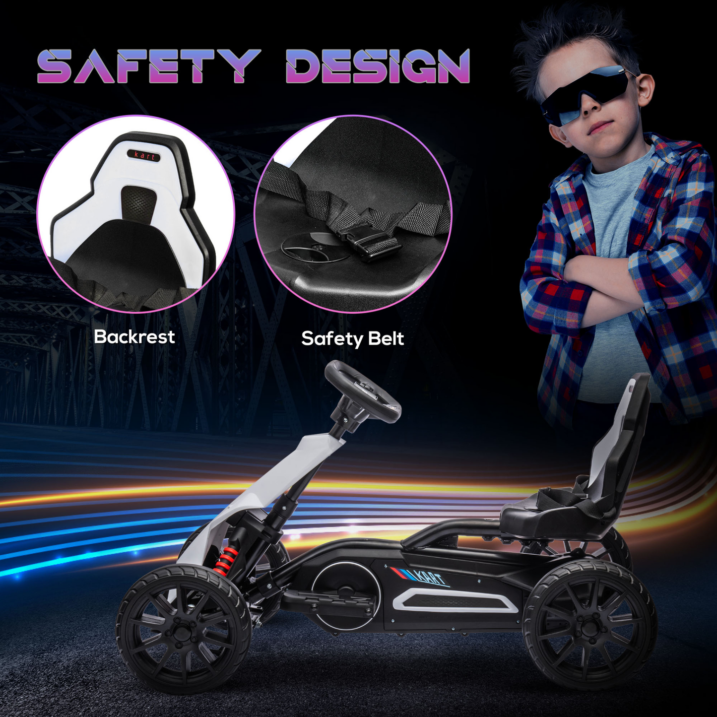HOMCOM 12V Electric Go Kart for Kids, Ride-On Racing Go Kart with Forward Reversing, Rechargeable Battery, 2 Speeds, for Boys Girls Aged 3-8 Years Old in White