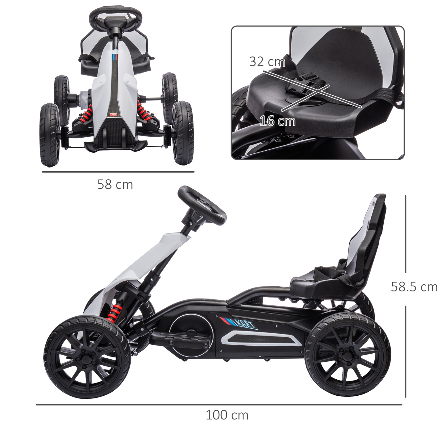 HOMCOM 12V Electric Go Kart for Kids, Ride-On Racing Go Kart with Forward Reversing, Rechargeable Battery, 2 Speeds, for Boys Girls Aged 3-8 Years Old in White