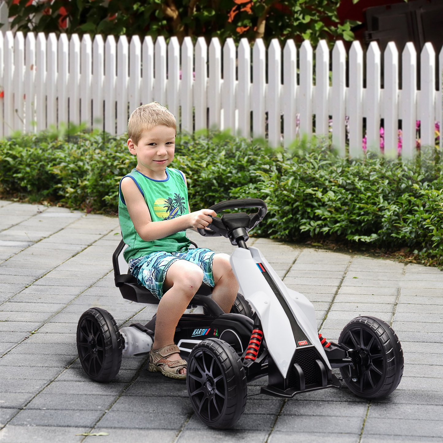 HOMCOM 12V Electric Go Kart for Kids, Ride-On Racing Go Kart with Forward Reversing, Rechargeable Battery, 2 Speeds, for Boys Girls Aged 3-8 Years Old in White