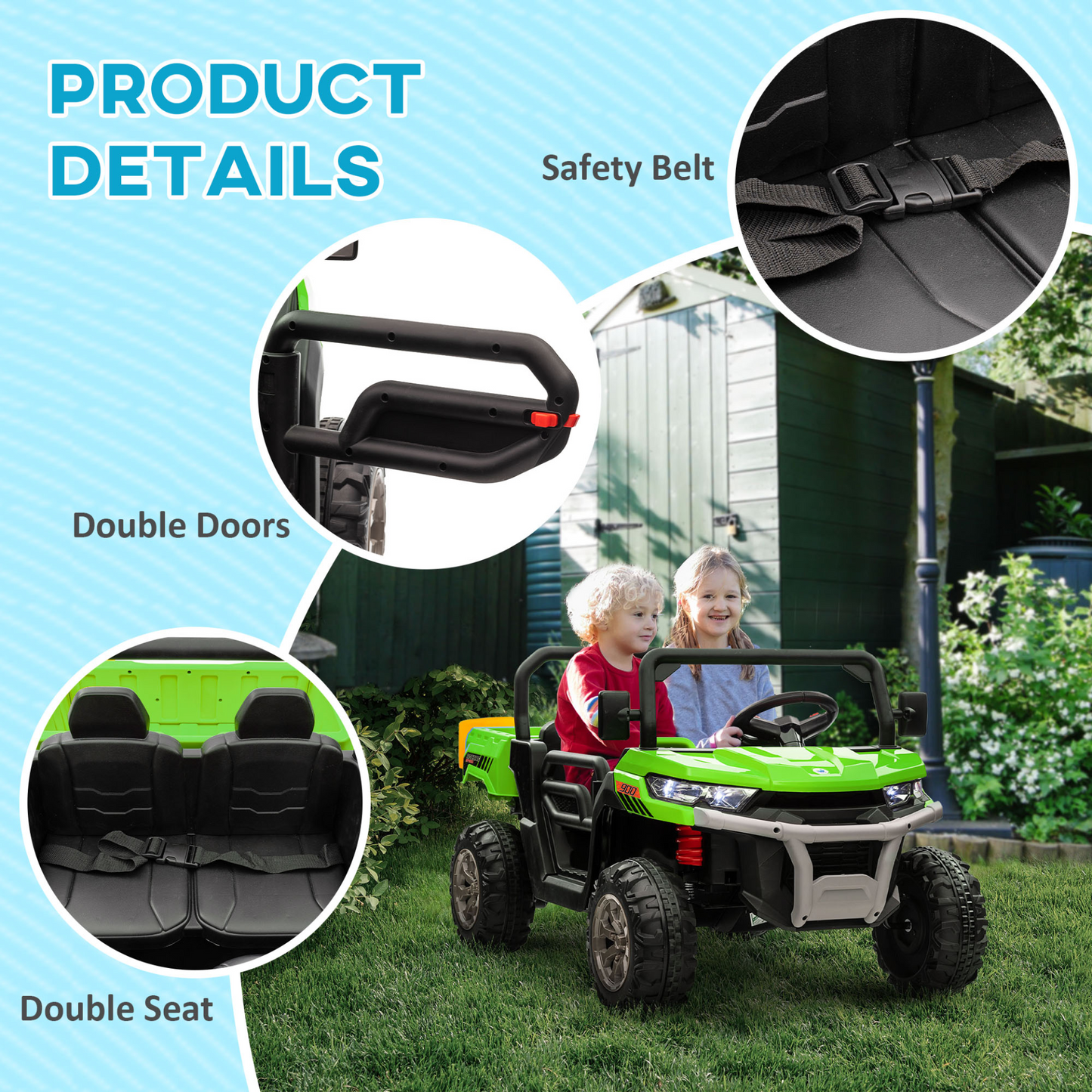 HOMCOM 12V Kids Electric Ride-On Car, with Electric Bucket, Remote Control in Green with 2 Seats