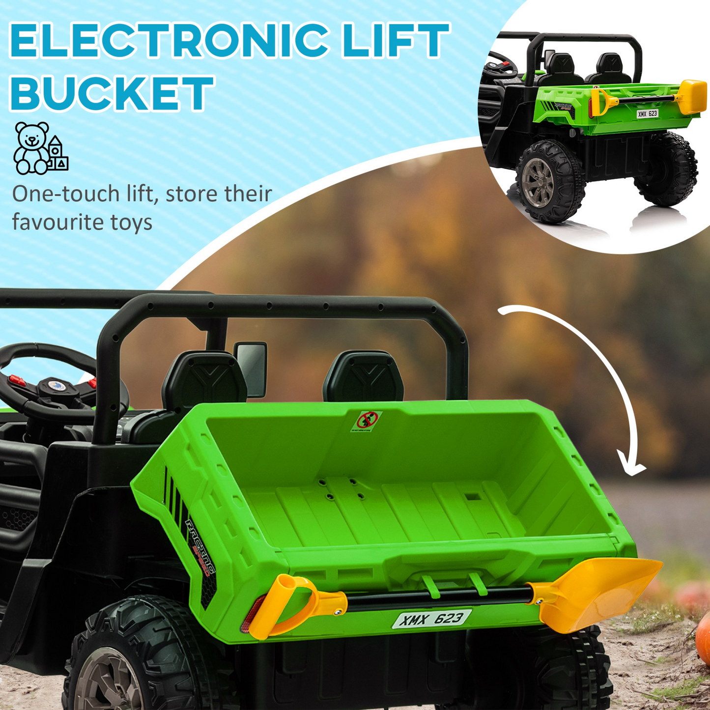 HOMCOM 12V Kids Electric Ride-On Car, with Electric Bucket, Remote Control in Green with 2 Seats