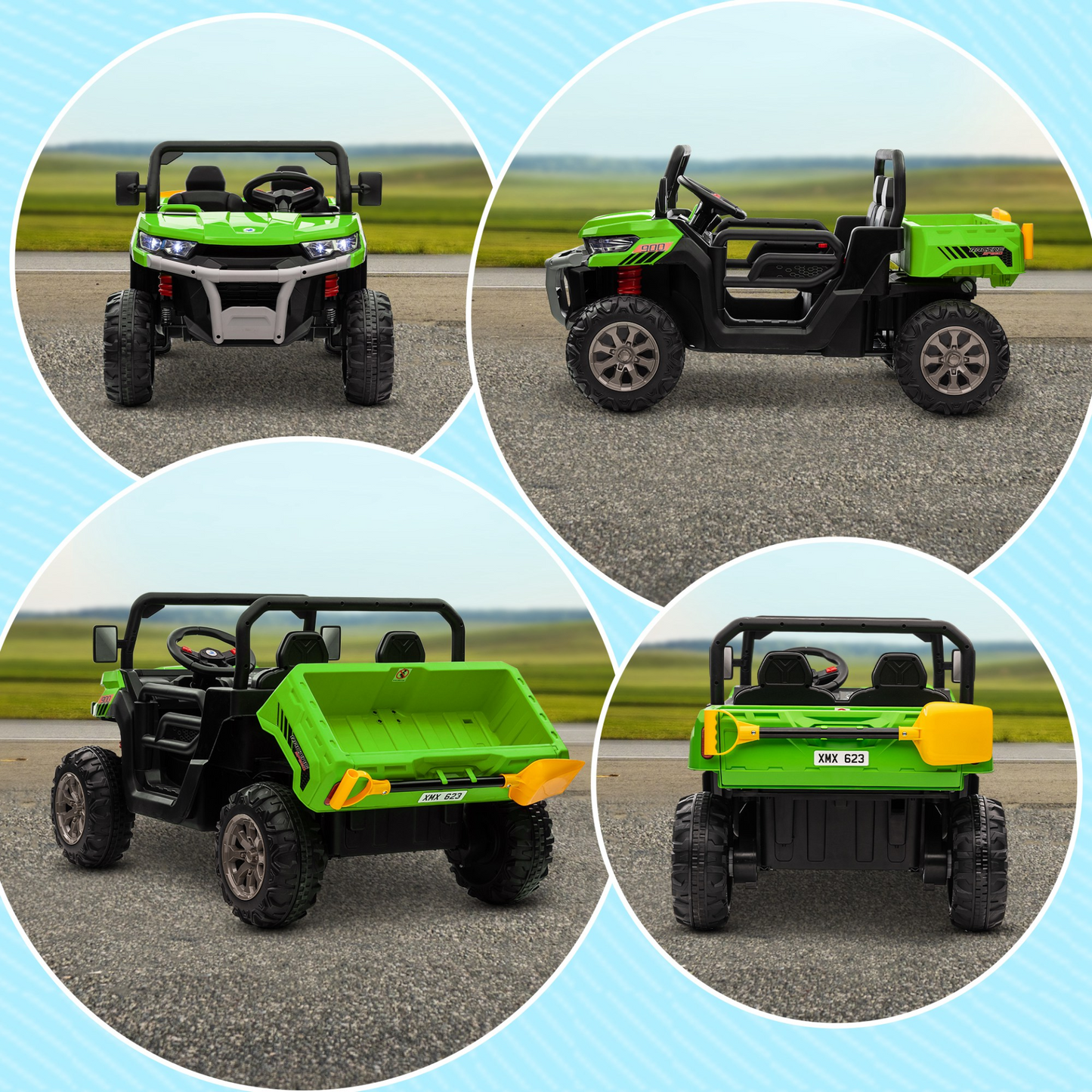 HOMCOM 12V Kids Electric Ride-On Car, with Electric Bucket, Remote Control in Green with 2 Seats
