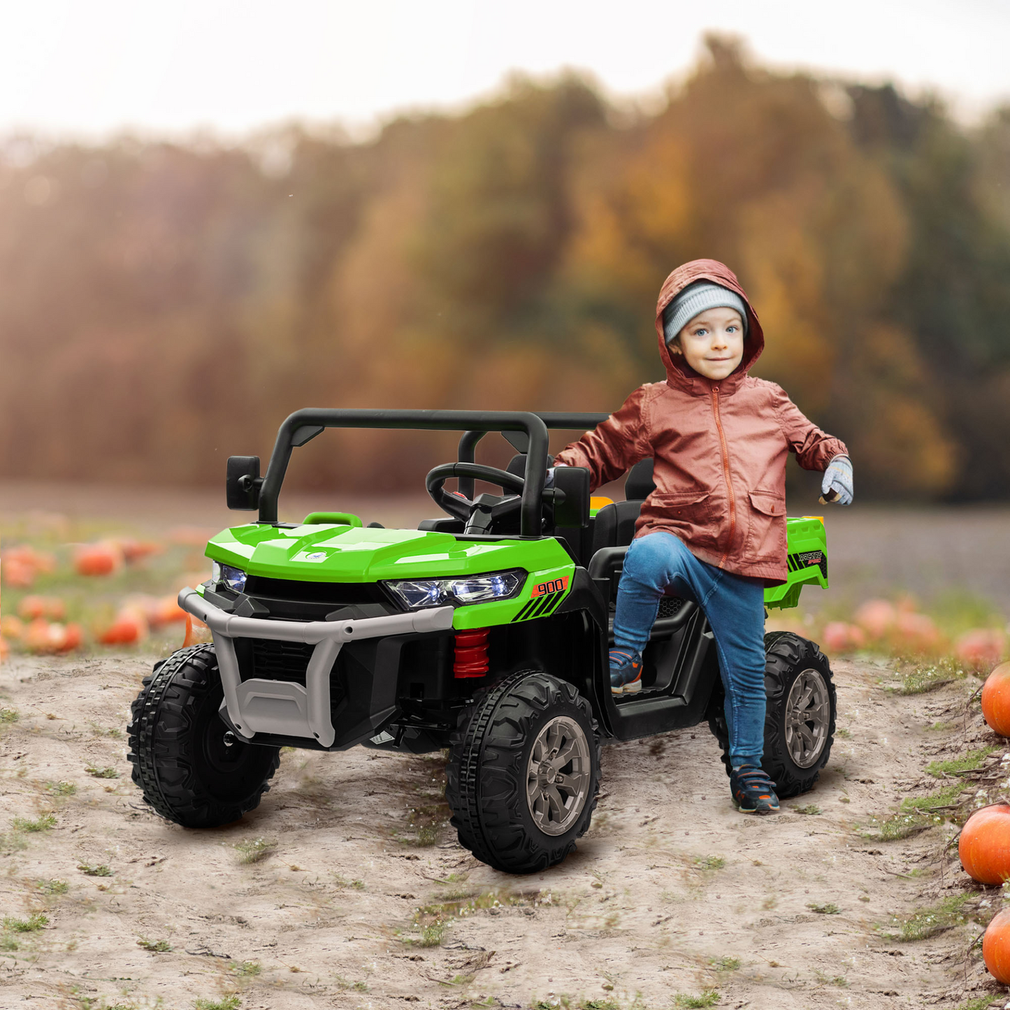 HOMCOM 12V Kids Electric Ride-On Car, with Electric Bucket, Remote Control in Green with 2 Seats