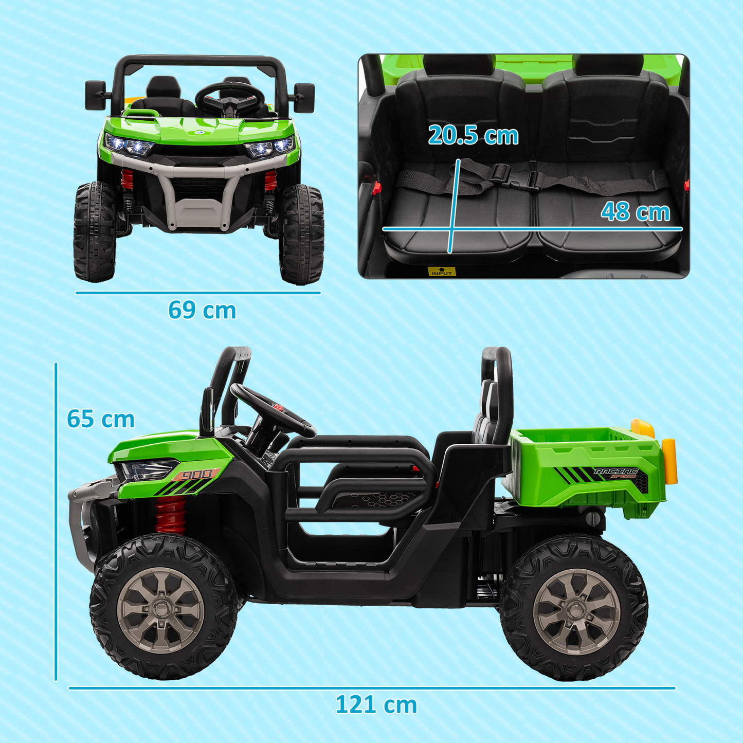 HOMCOM 12V Kids Electric Ride-On Car, with Electric Bucket, Remote Control in Green with 2 Seats