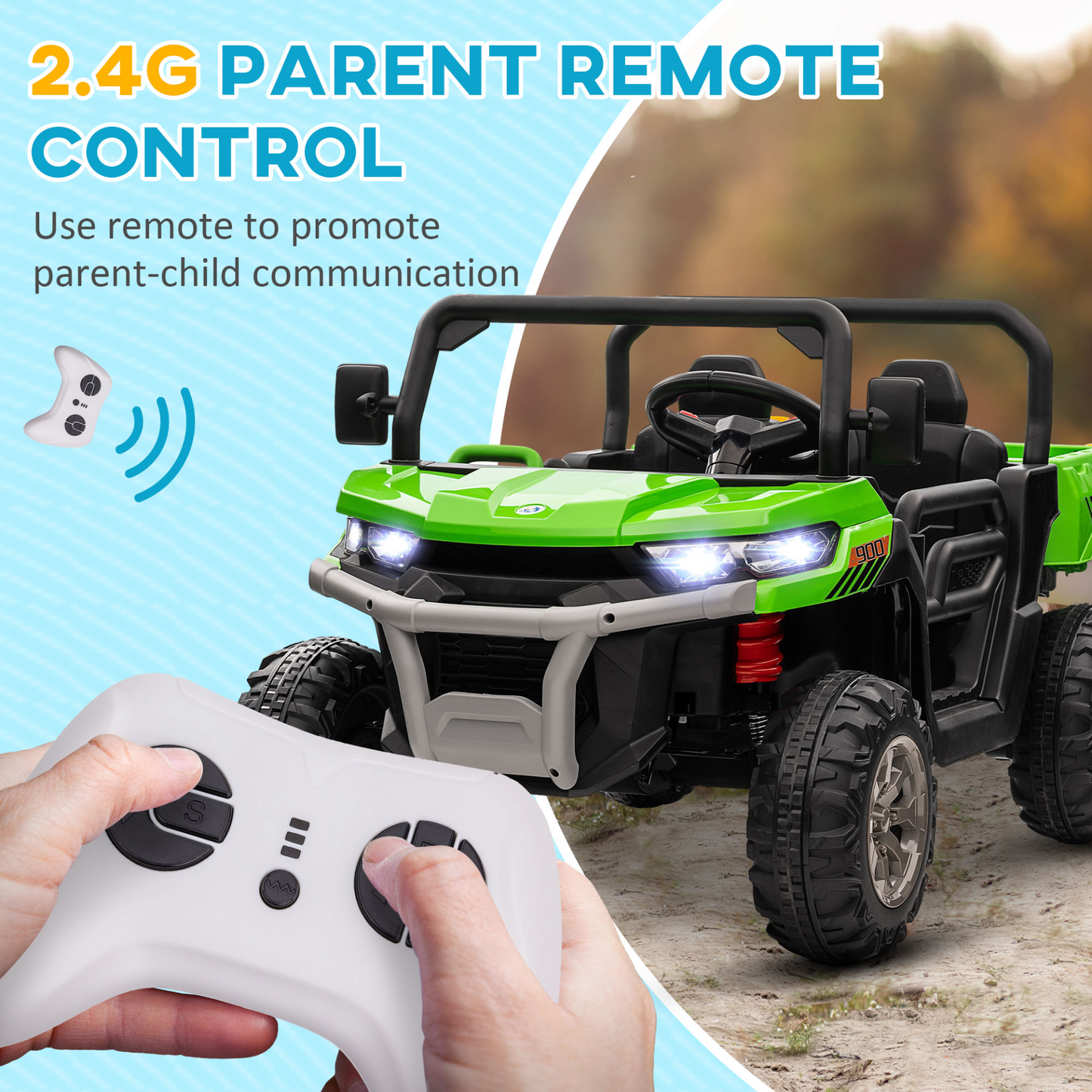 HOMCOM 12V Kids Electric Ride-On Car, with Electric Bucket, Remote Control in Green with 2 Seats