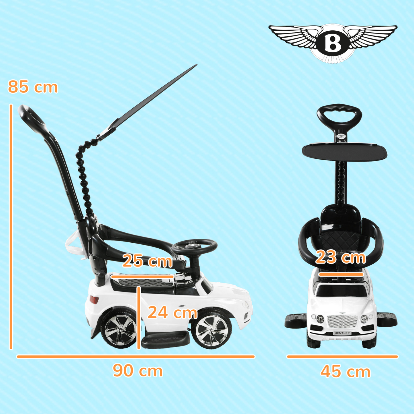 AIYAPLAY Bentley Bentayga Licensed 3-in-1 Baby Push Car, Ride on Car Sliding Car with Canopy, Horn Music in White