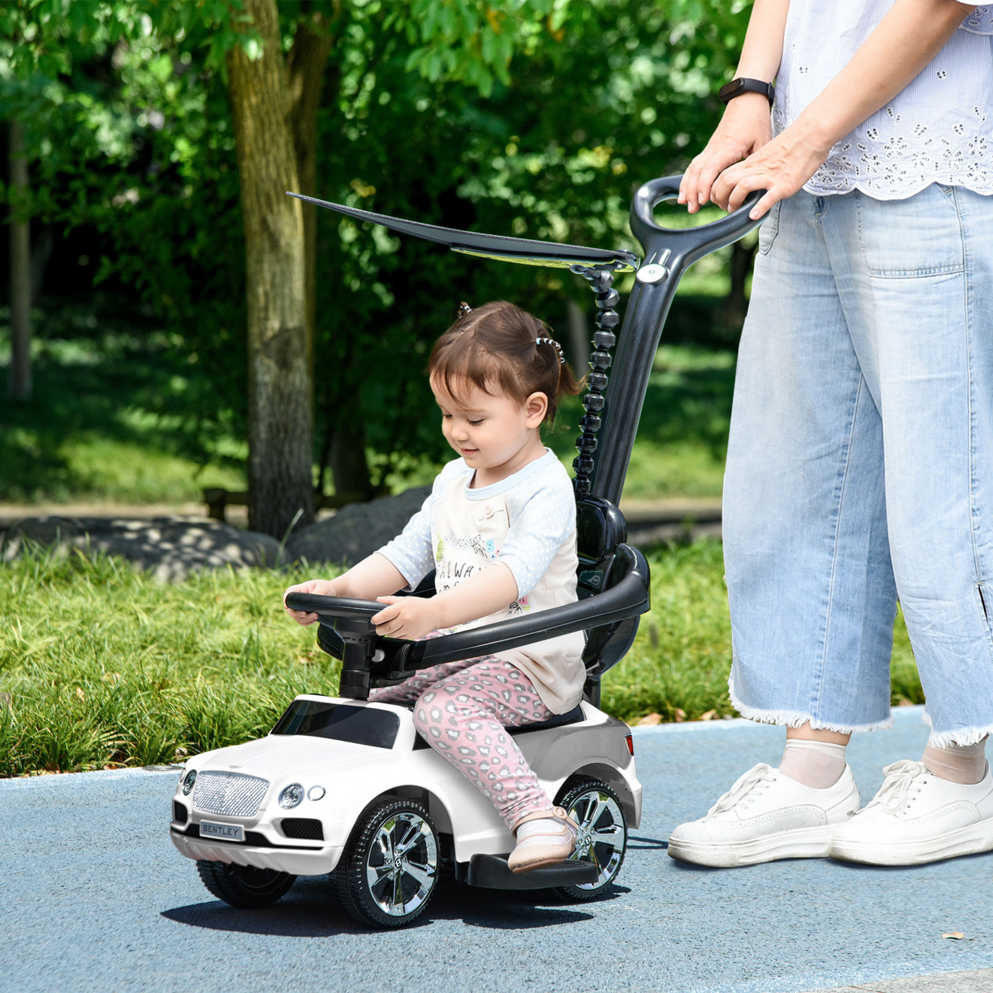 AIYAPLAY Bentley Bentayga Licensed 3-in-1 Baby Push Car, Ride on Car Sliding Car with Canopy, Horn Music in White