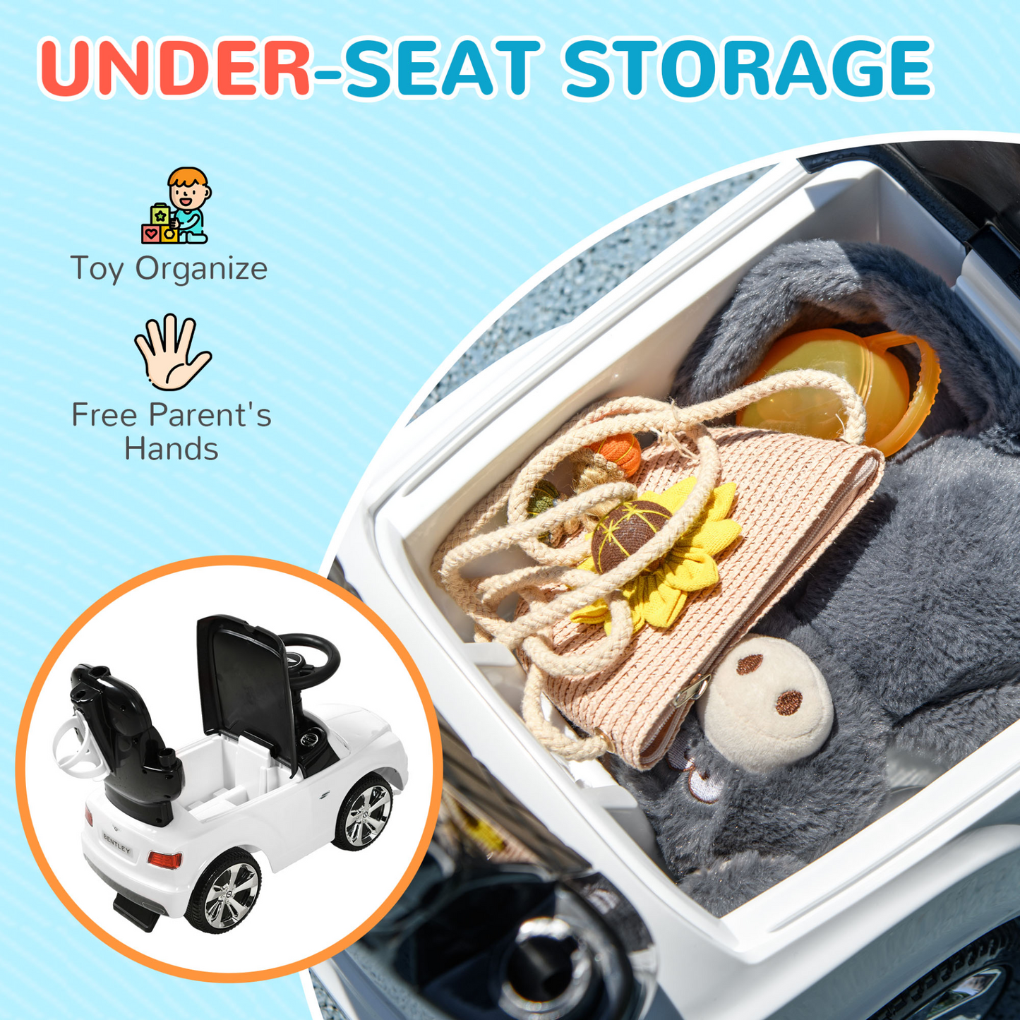 AIYAPLAY Bentley Bentayga Licensed 3-in-1 Baby Push Car, Ride on Car Sliding Car with Canopy, Horn Music in White