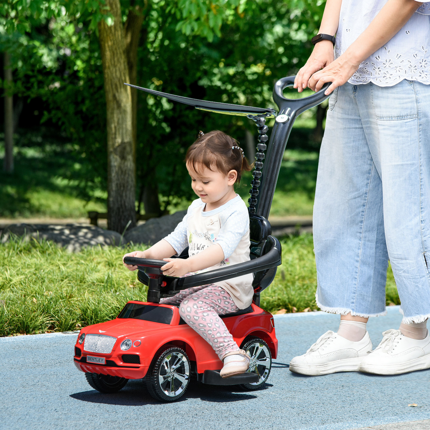 AIYAPLAY Bentley Bentayga Licensed 3-in-1 Baby Push Car, Ride on Car Sliding Car with Canopy, Horn Music in Red