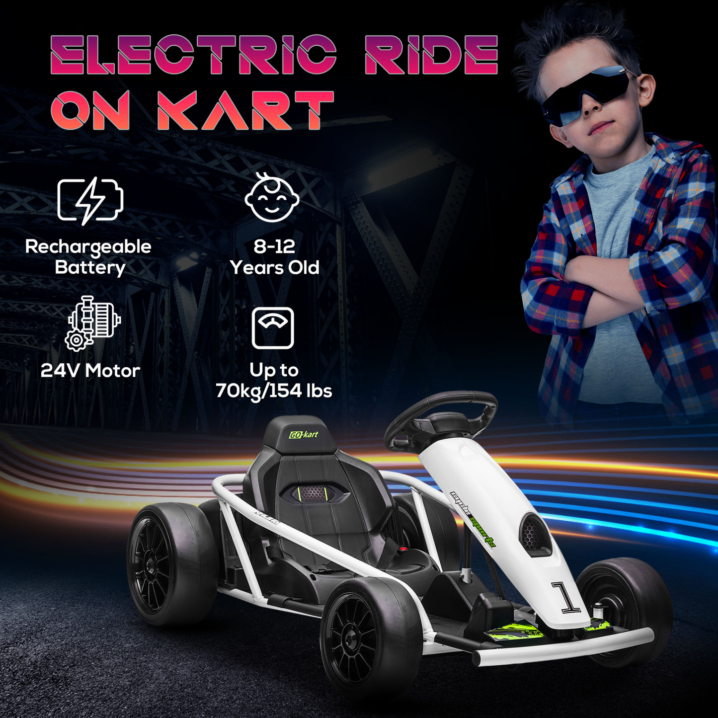 HOMCOM 24V Electric Go Kart for Kids, Drift Ride-On Racing Go Kart with 2 Speeds, for Boys Girls Aged 8-12 Years Old in White