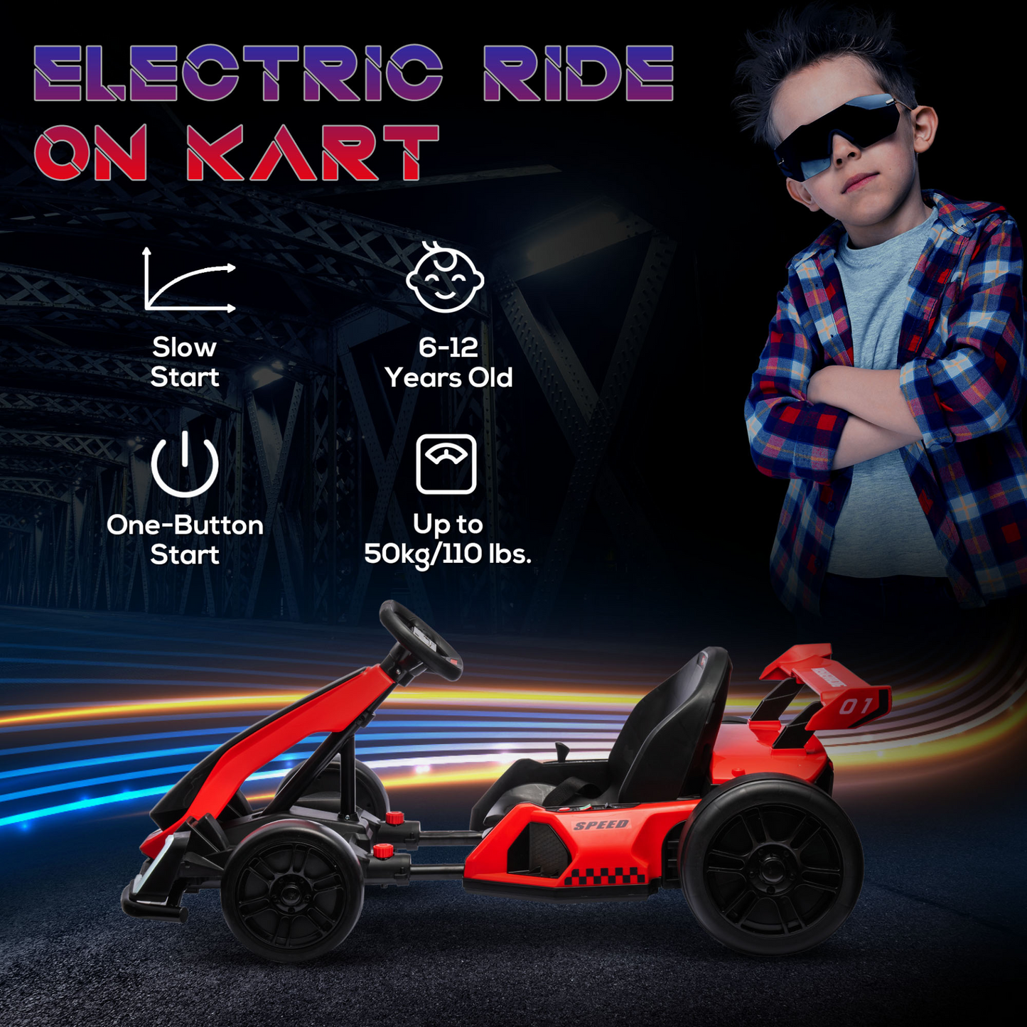 24V Electric Go Kart for Kids with Adjustable Seat for 6-12 Years Old in Red by HOMCOM