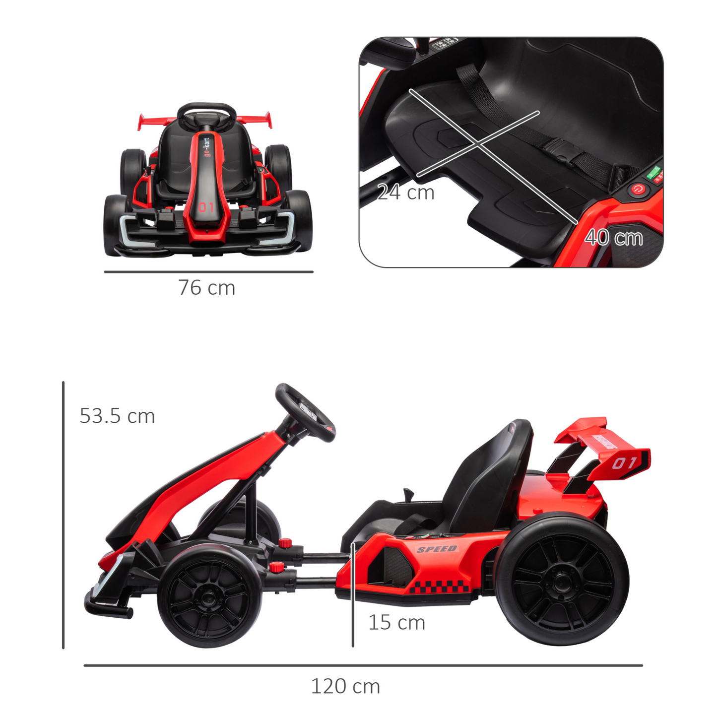 24V Electric Go Kart for Kids with Adjustable Seat for 6-12 Years Old in Red by HOMCOM