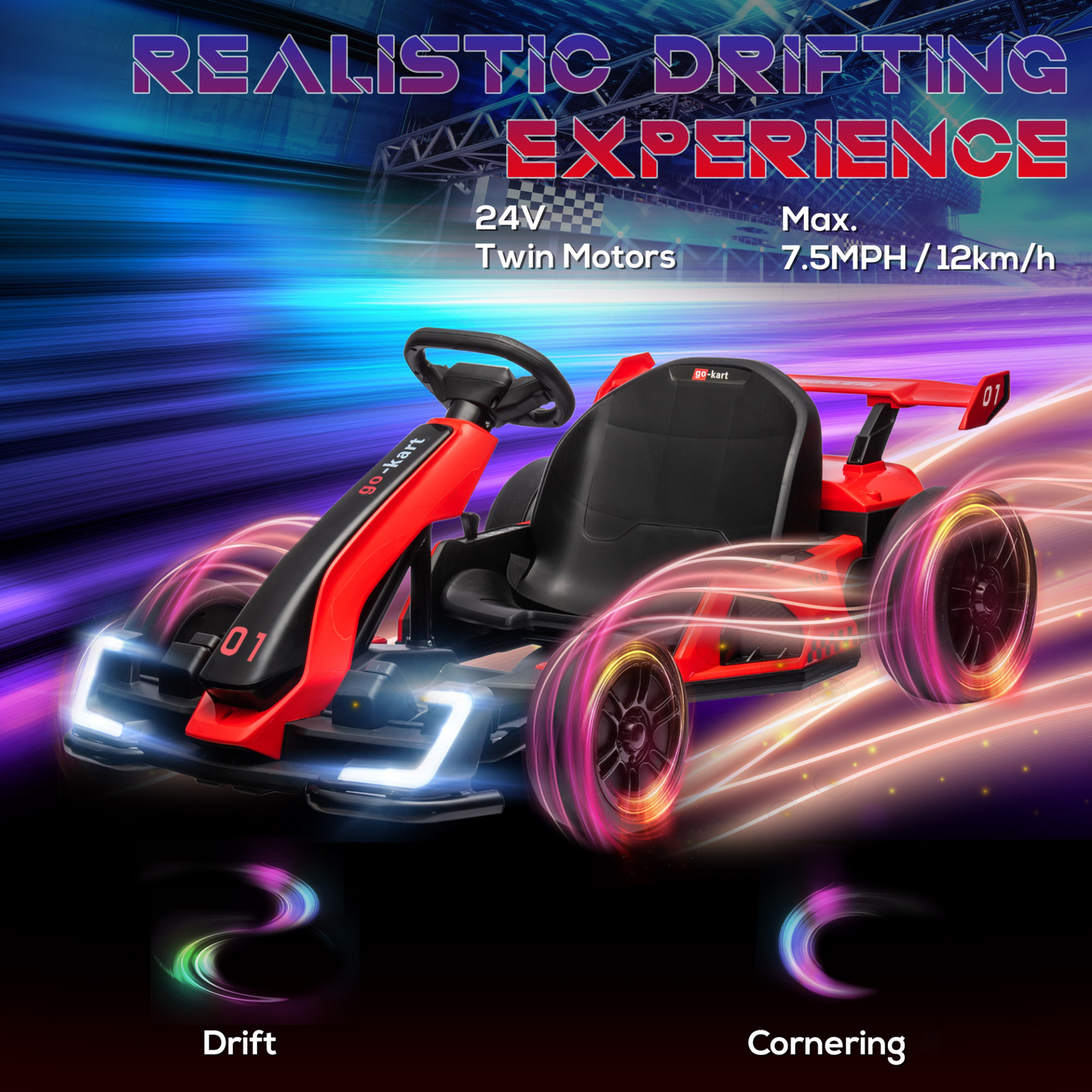 24V Electric Go Kart for Kids with Adjustable Seat for 6-12 Years Old in Red by HOMCOM