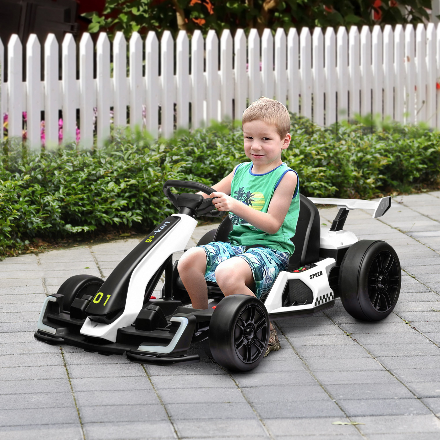 HOMCOM 24V Electric Go Kart for Kids with Adjustable Seat for 6-12 Years Old in White