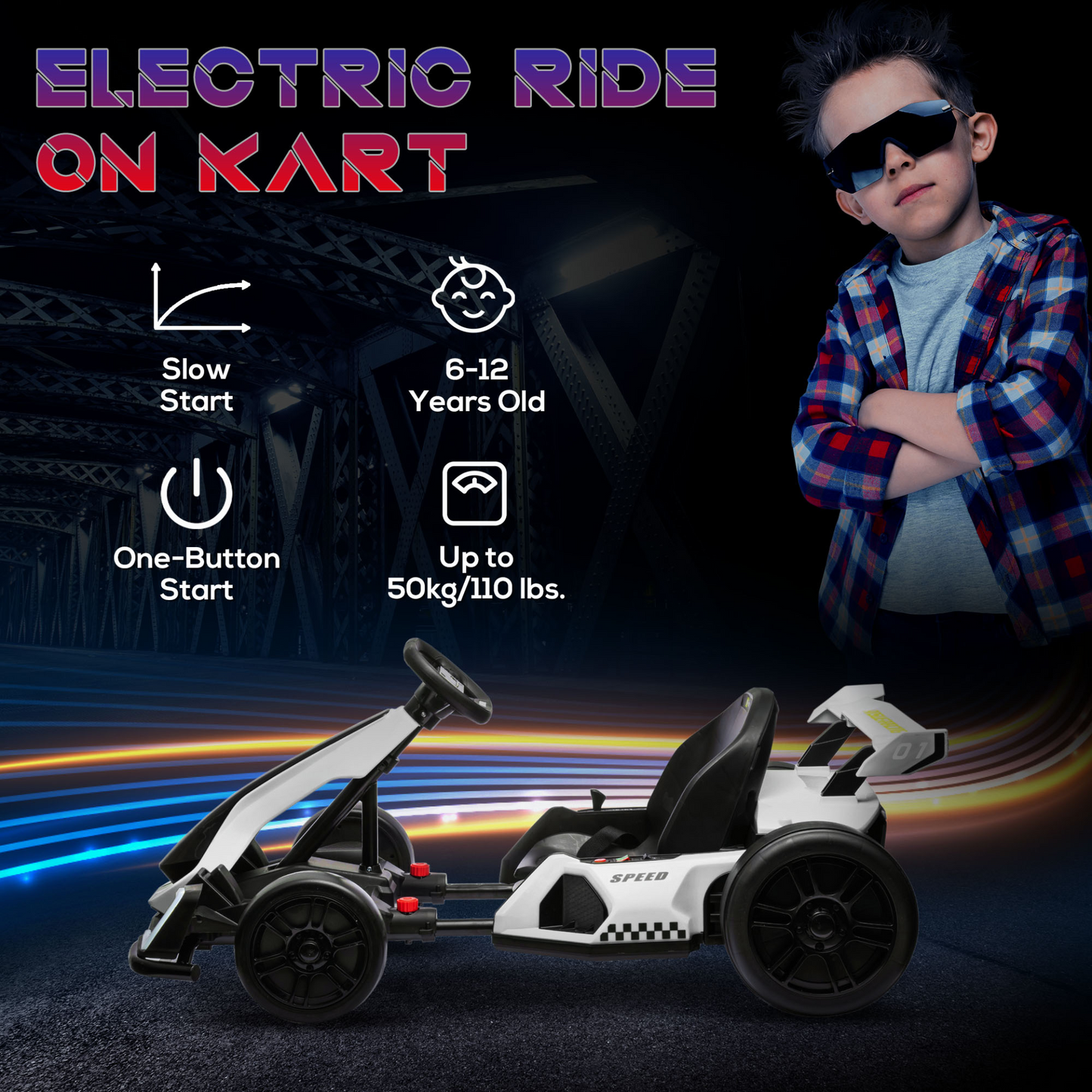 HOMCOM 24V Electric Go Kart for Kids with Adjustable Seat for 6-12 Years Old in White