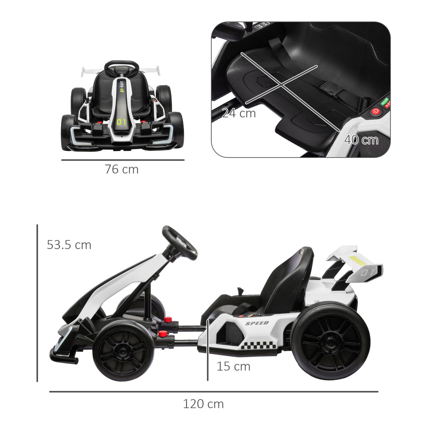 HOMCOM 24V Electric Go Kart for Kids with Adjustable Seat for 6-12 Years Old in White