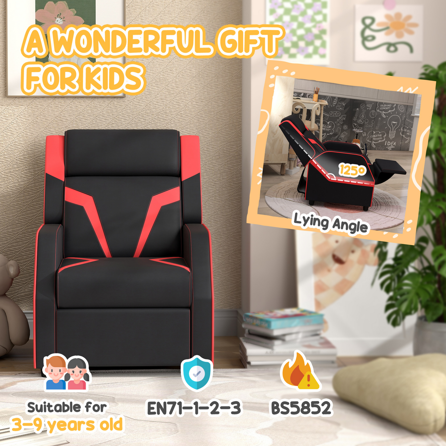 2 in 1 Black Kids Chair Recliner with Backrest, Armrest, Footrest, PU Leather for 3-9 Years Old by AIYAPLAY
