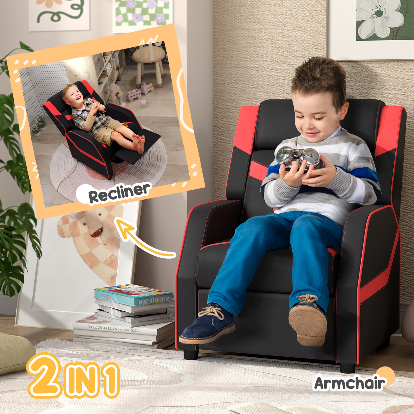 2 in 1 Black Kids Chair Recliner with Backrest, Armrest, Footrest, PU Leather for 3-9 Years Old by AIYAPLAY