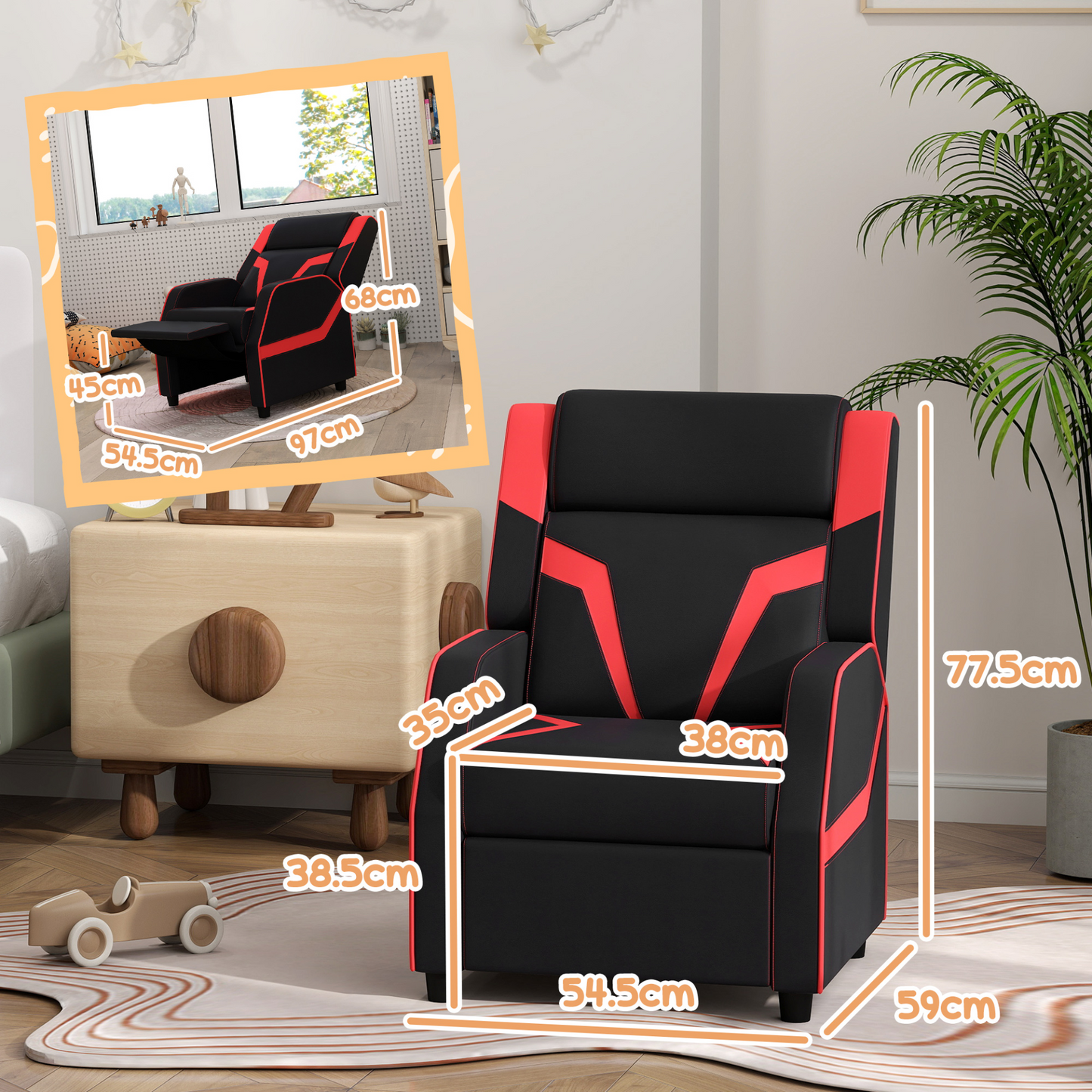 2 in 1 Black Kids Chair Recliner with Backrest, Armrest, Footrest, PU Leather for 3-9 Years Old by AIYAPLAY