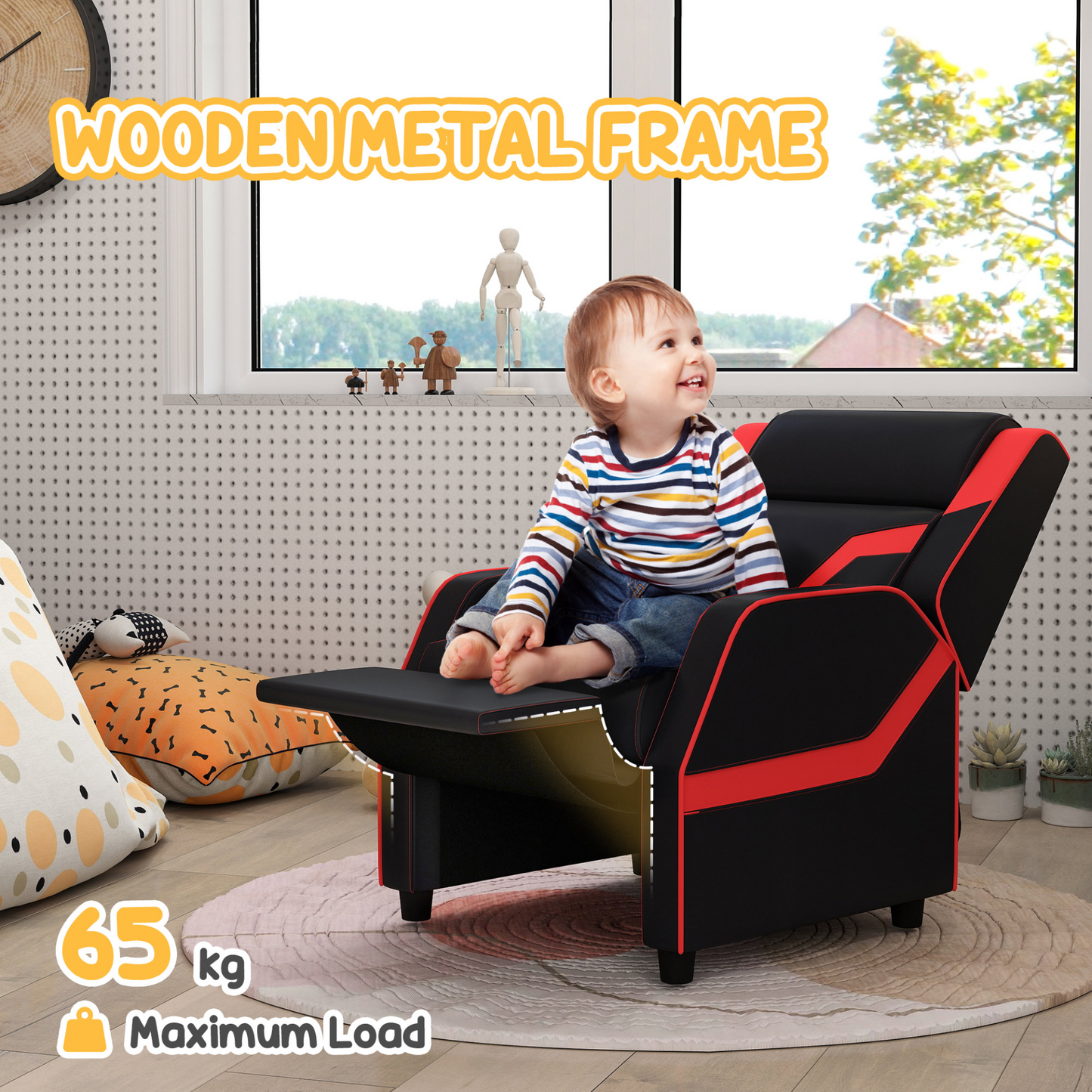 2 in 1 Black Kids Chair Recliner with Backrest, Armrest, Footrest, PU Leather for 3-9 Years Old by AIYAPLAY