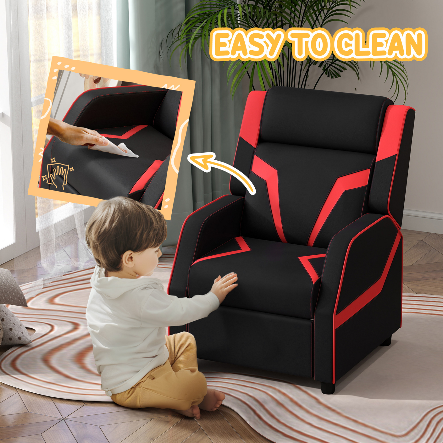 2 in 1 Black Kids Chair Recliner with Backrest, Armrest, Footrest, PU Leather for 3-9 Years Old by AIYAPLAY