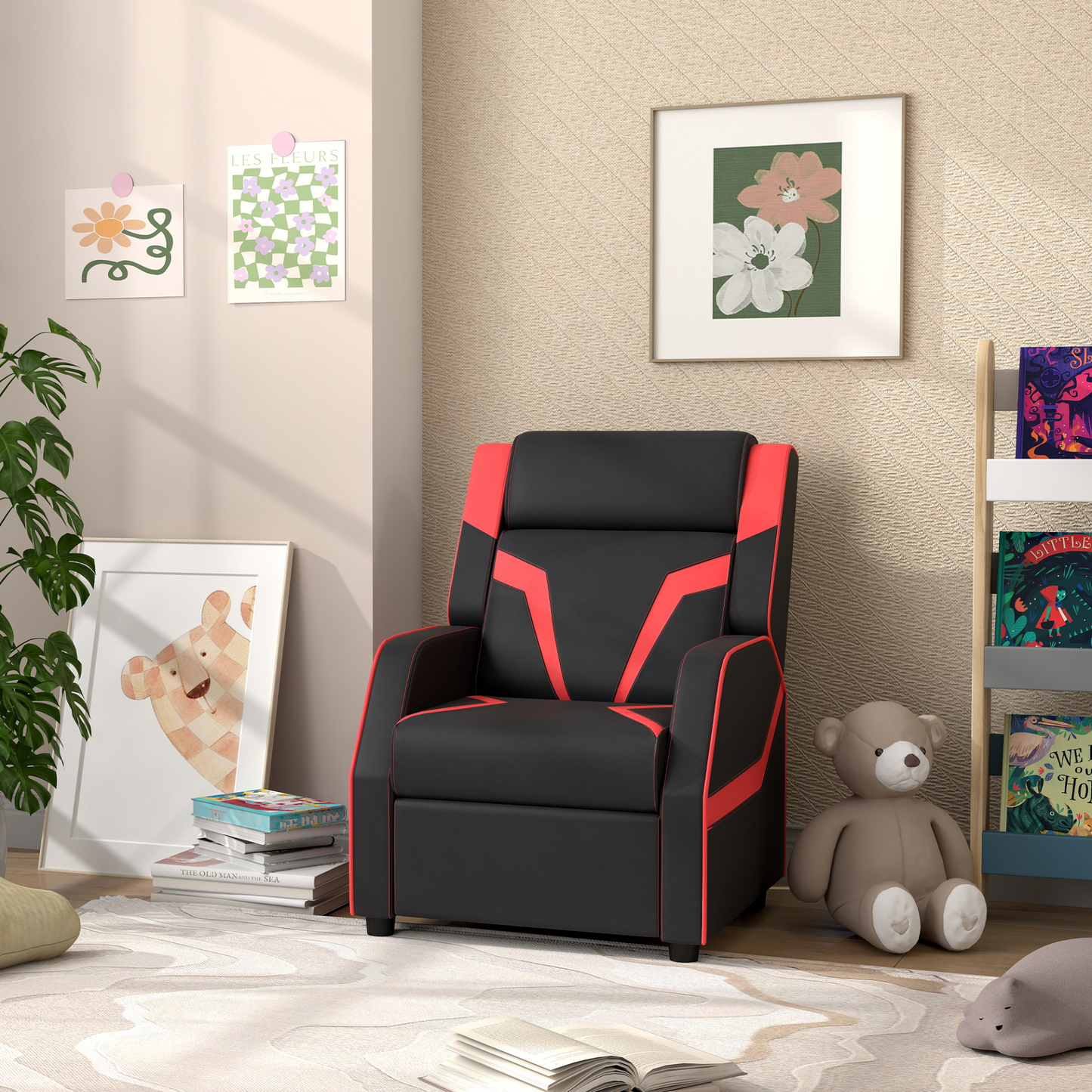 2 in 1 Black Kids Chair Recliner with Backrest, Armrest, Footrest, PU Leather for 3-9 Years Old by AIYAPLAY