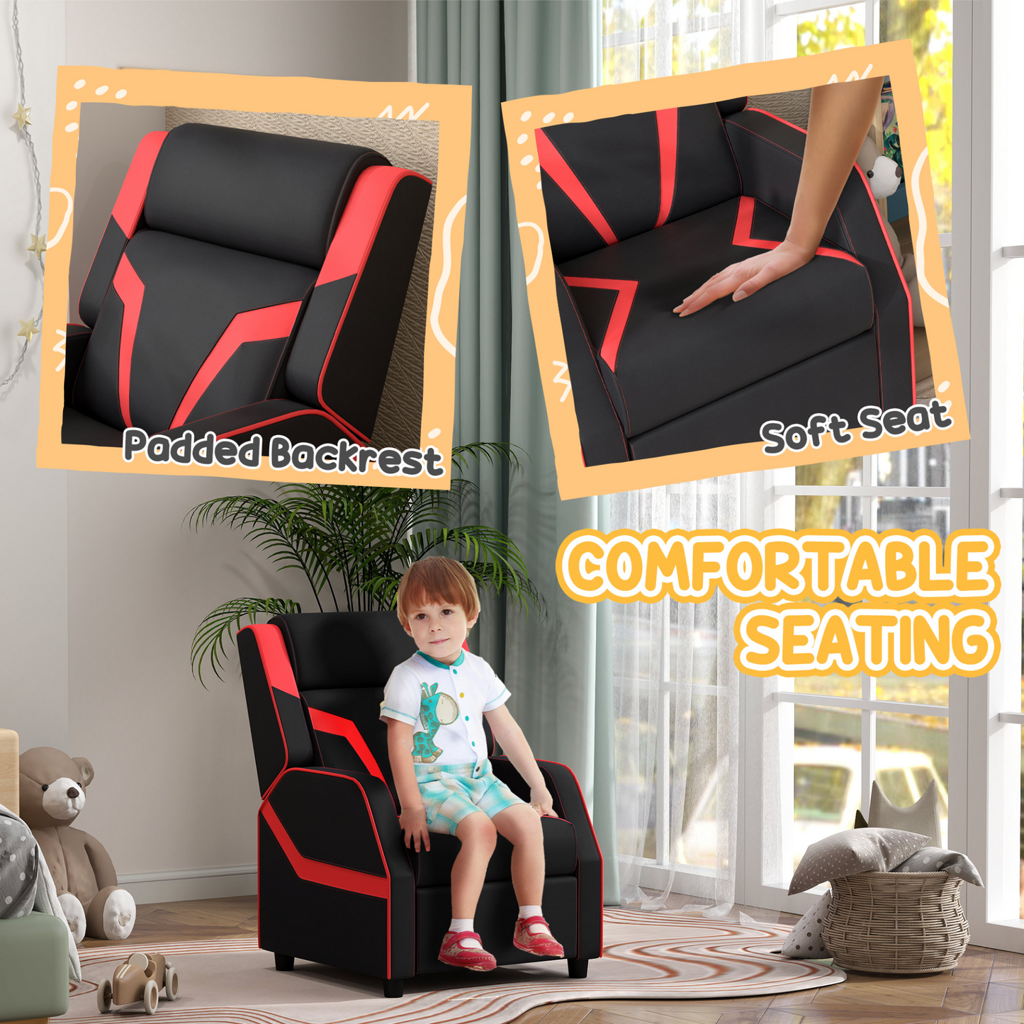 2 in 1 Black Kids Chair Recliner with Backrest, Armrest, Footrest, PU Leather for 3-9 Years Old by AIYAPLAY