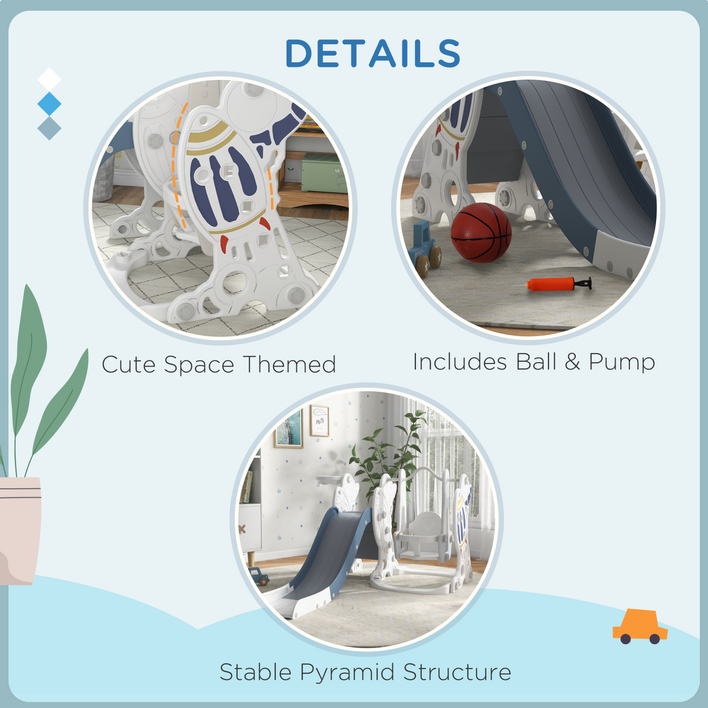 AIYAPLAY Space-Themed Kids Slide and Swing Set with Basketball Hoop in Blue