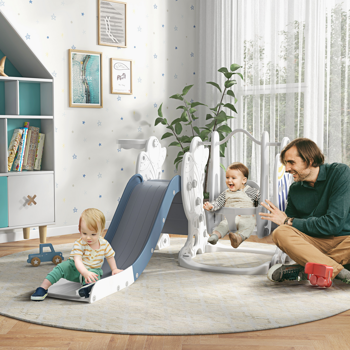 AIYAPLAY Space-Themed Kids Slide and Swing Set with Basketball Hoop in Blue