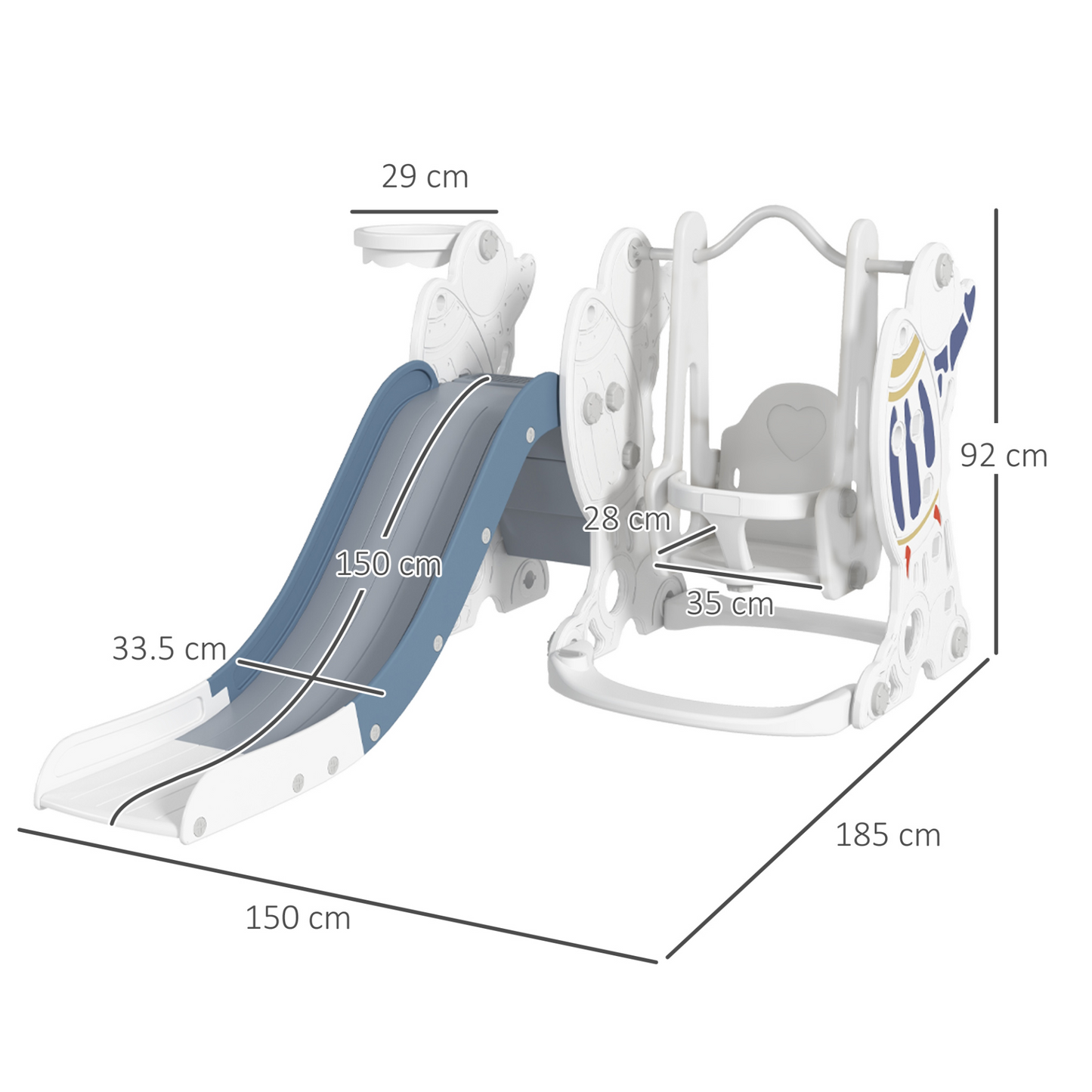 AIYAPLAY Space-Themed Kids Slide and Swing Set with Basketball Hoop in Blue