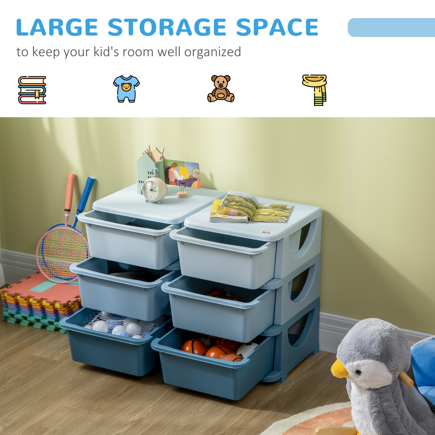 HOMCOM Kids Storage Unit with Six Drawers in Blue