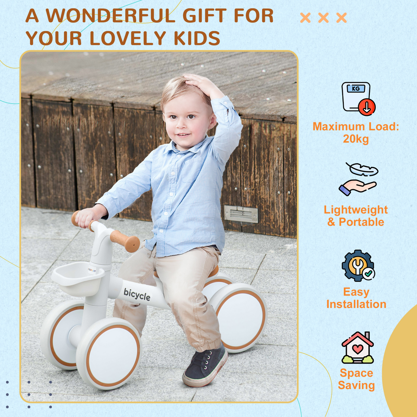 Kids Balance Bike with Adjustable Seat for 1-3 Years Old, Silent Wheels, White by AIYAPLAY