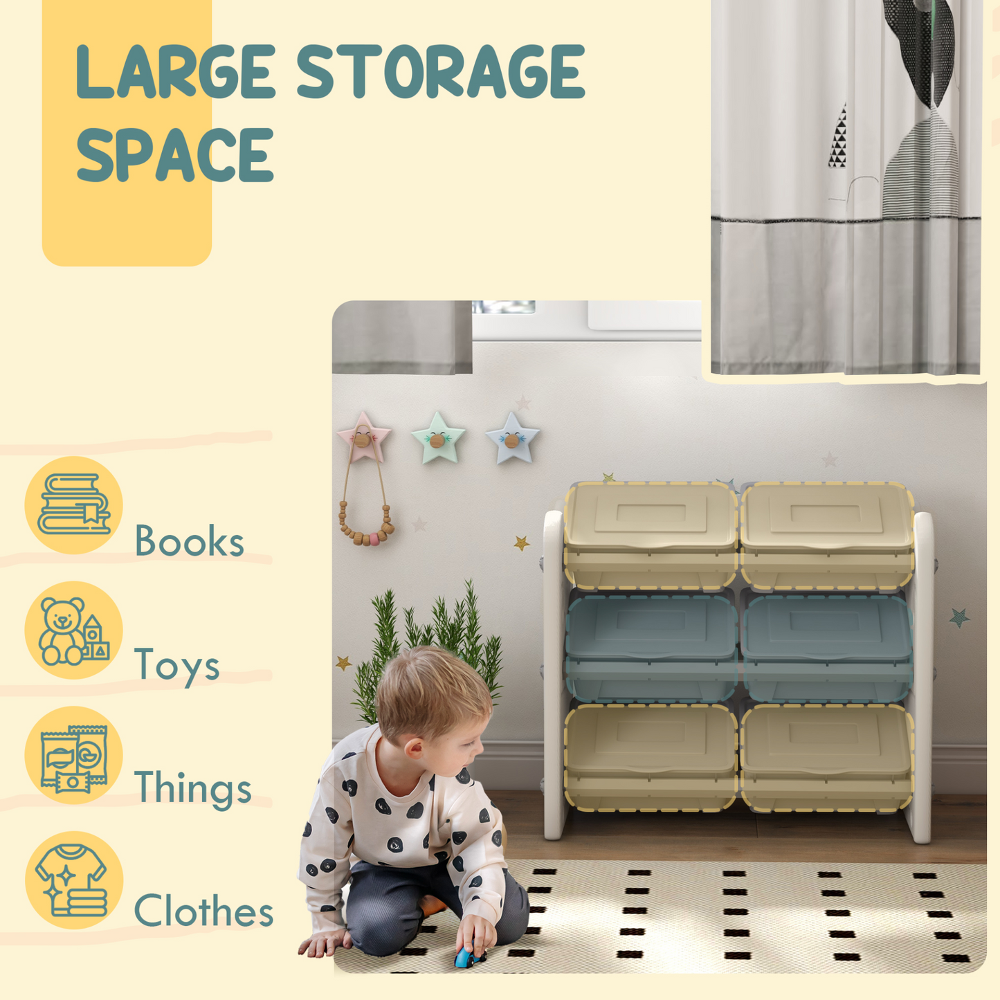 AIYAPLAY Grey 3 Tier Kids Toy Storage Units with 6 Storage Boxes, 76 x 37 x 60cm