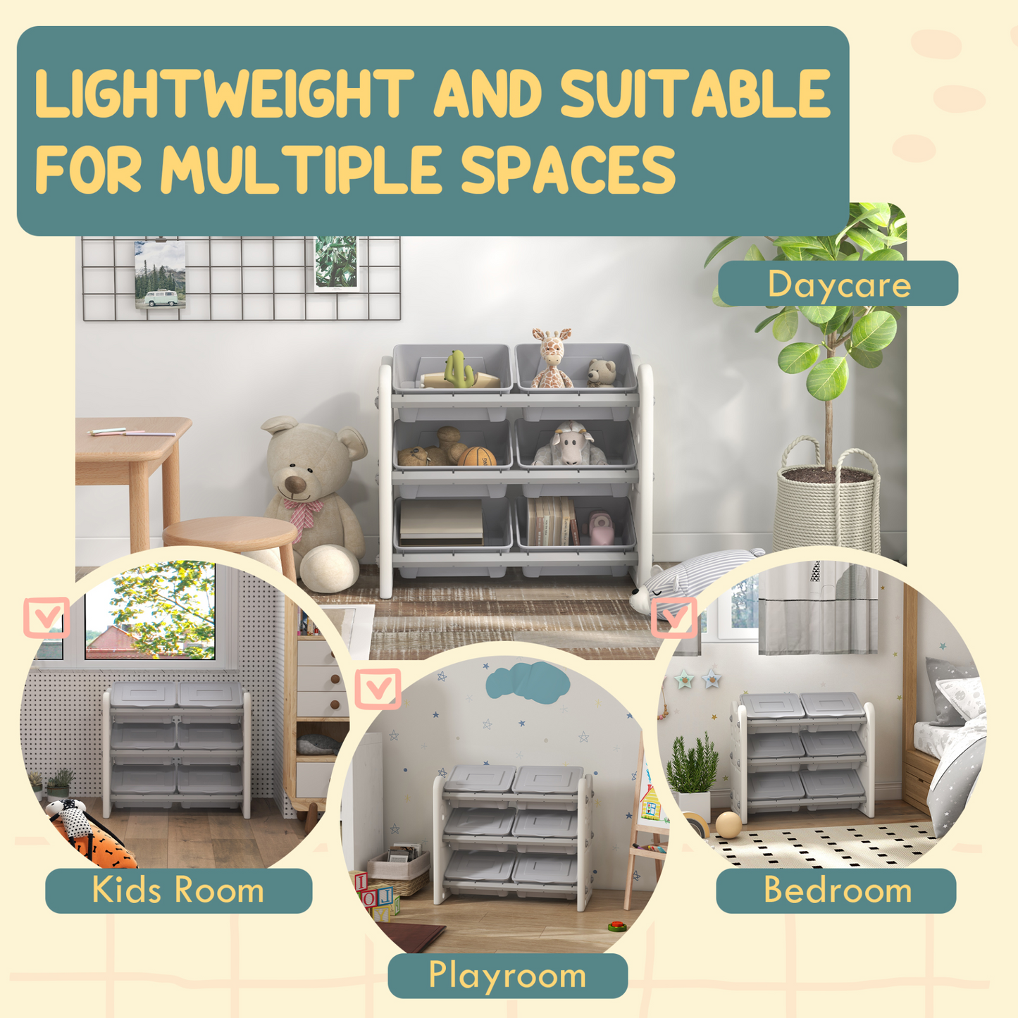 AIYAPLAY Grey 3 Tier Kids Toy Storage Units with 6 Storage Boxes, 76 x 37 x 60cm