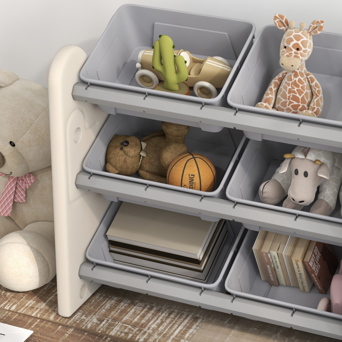AIYAPLAY Grey 3 Tier Kids Toy Storage Units with 6 Storage Boxes, 76 x 37 x 60cm