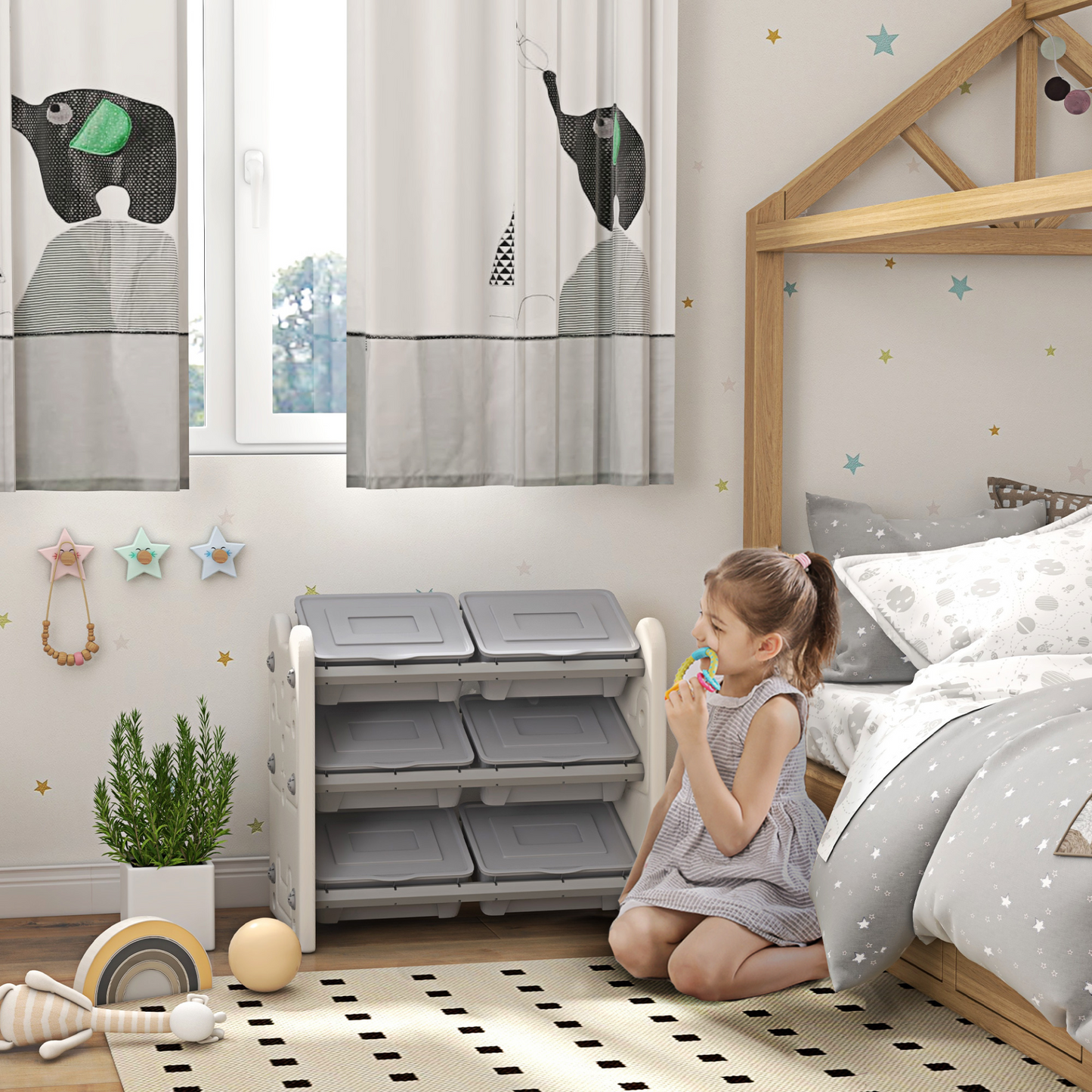 AIYAPLAY Grey 3 Tier Kids Toy Storage Units with 6 Storage Boxes, 76 x 37 x 60cm