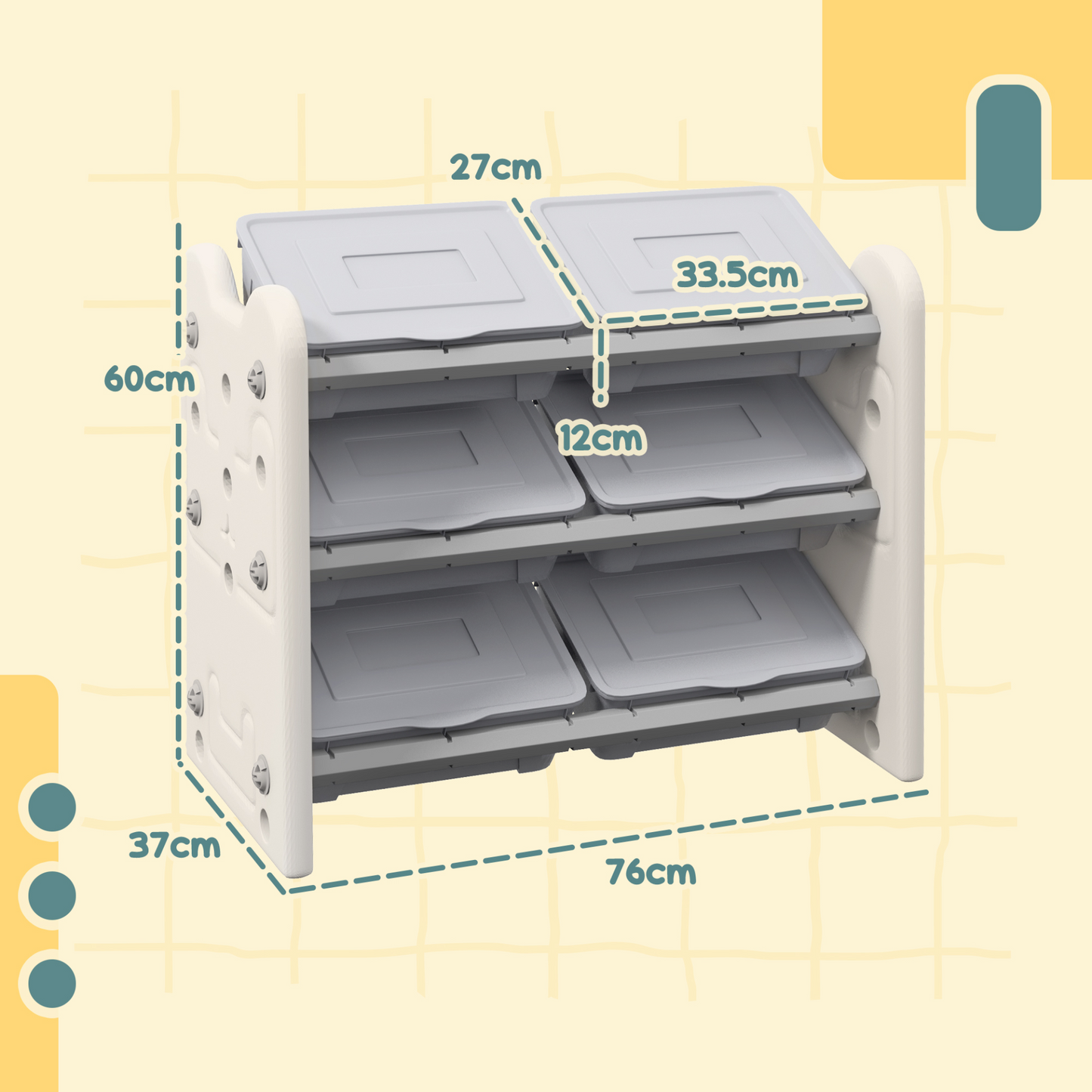 AIYAPLAY Grey 3 Tier Kids Toy Storage Units with 6 Storage Boxes, 76 x 37 x 60cm