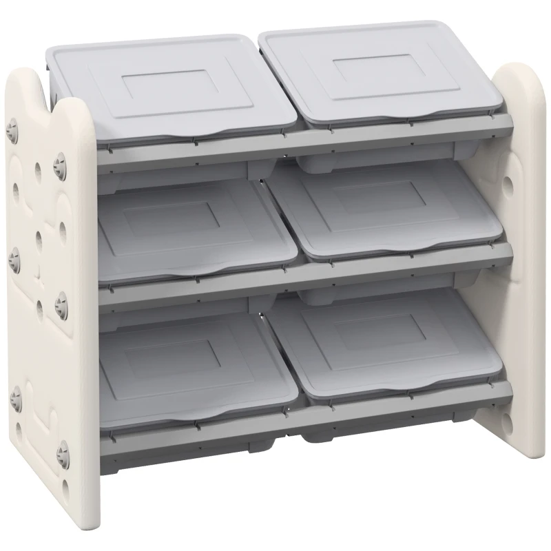 AIYAPLAY Grey 3 Tier Kids Toy Storage Units with 6 Storage Boxes, 76 x 37 x 60cm