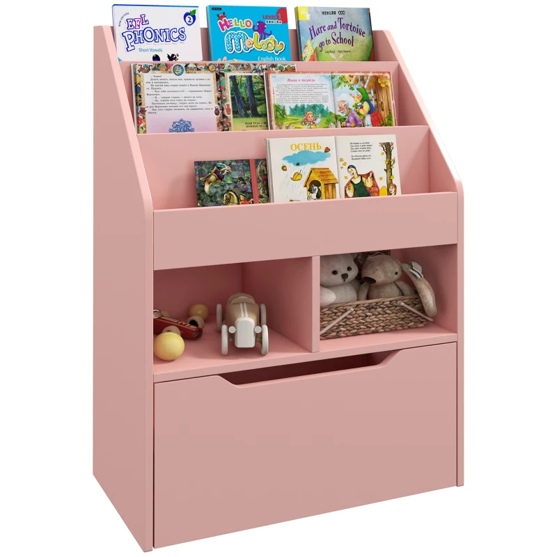 Kids Bookshelf, Toy Organiser, with Storage Drawer, Wheels - Pink by HOMCOM