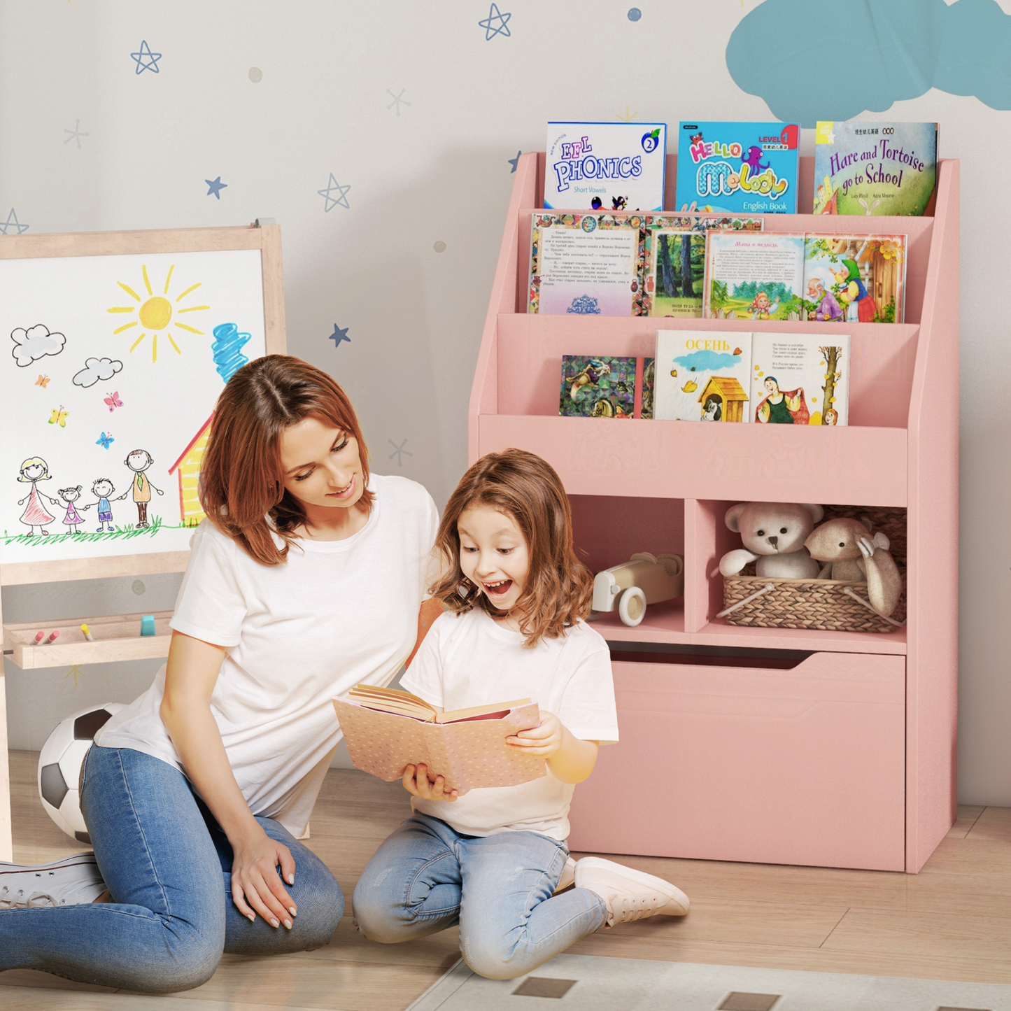Kids Bookshelf, Toy Organiser, with Storage Drawer, Wheels - Pink by HOMCOM