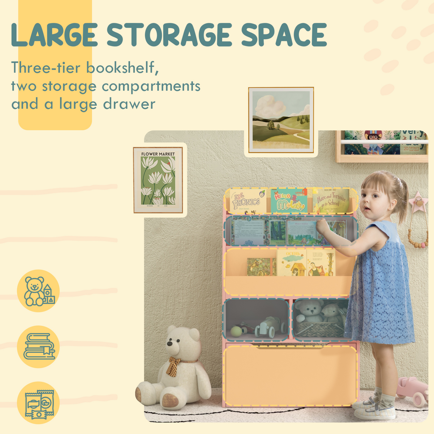 Kids Bookshelf, Toy Organiser, with Storage Drawer, Wheels - Pink by HOMCOM