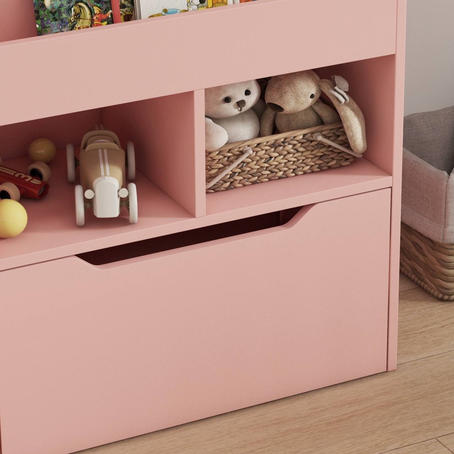 Kids Bookshelf, Toy Organiser, with Storage Drawer, Wheels - Pink by HOMCOM